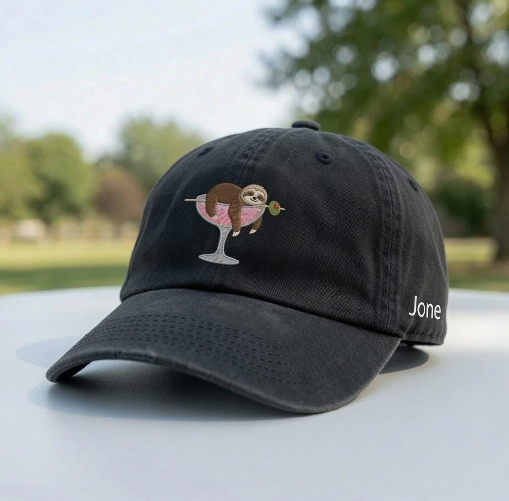 Custom Sloth Cocktail Hat, Embroidered Animal Cap, Personalized Side Name Dad Hat,Cute Sloth Lover Gift,Funny Vacation Cap,Drink Lover Merch