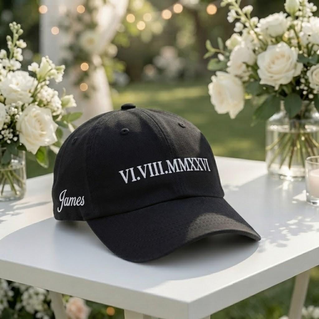 Custom Roman Numeral Date Embroidered Hat - Anniversary & Newlywed Couple Cap
