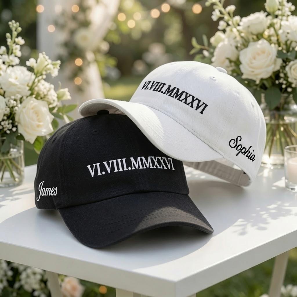 Custom Roman Numeral Date Embroidered Hat - Anniversary & Newlywed Couple Cap
