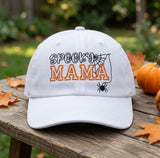 Custom Spooky Mama Embroidered Hat, Personalized Halloween Mom White Baseball Cap, Cute Spider Web Dad Hat, Spooky Season Gift for Her