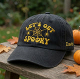 Custom Name Let's Get Spooky Embroidered Hat, Personalized Halloween Spider Web Baseball Cap, Washed Black Spooky Season Dad Hat Gift
