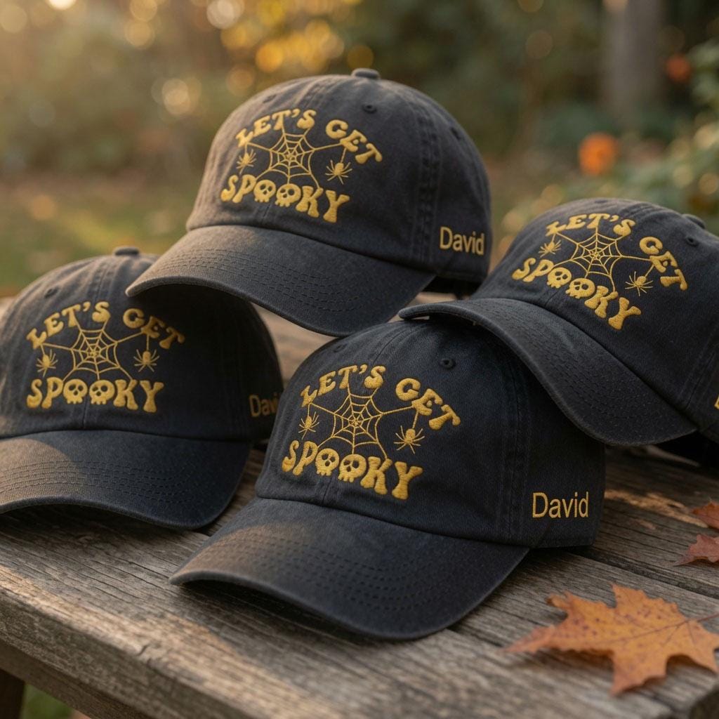 Custom Name Let's Get Spooky Embroidered Hat, Personalized Halloween Spider Web Baseball Cap, Washed Black Spooky Season Dad Hat Gift