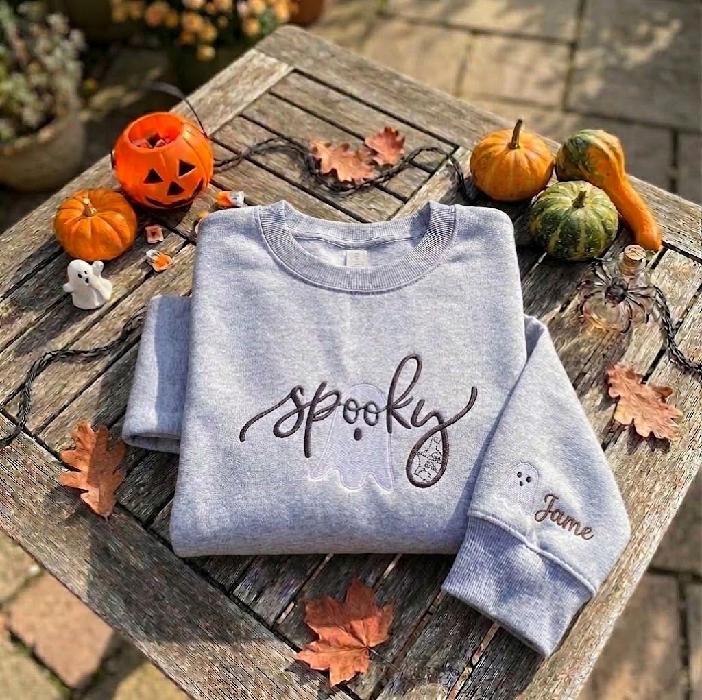 Custom Sleeve Name Spooky Ghost Sweatshirt, Embroidered Halloween Navy Crewneck