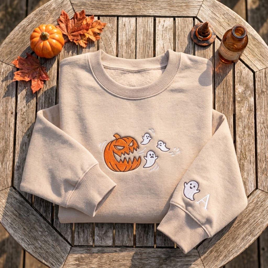 Custom Pumpkin Eating Ghosts Sweatshirt, Embroidered Sleeve Initial Halloween Crewneck