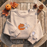 Custom Pumpkin Eating Ghosts Sweatshirt, Embroidered Sleeve Initial Halloween Crewneck