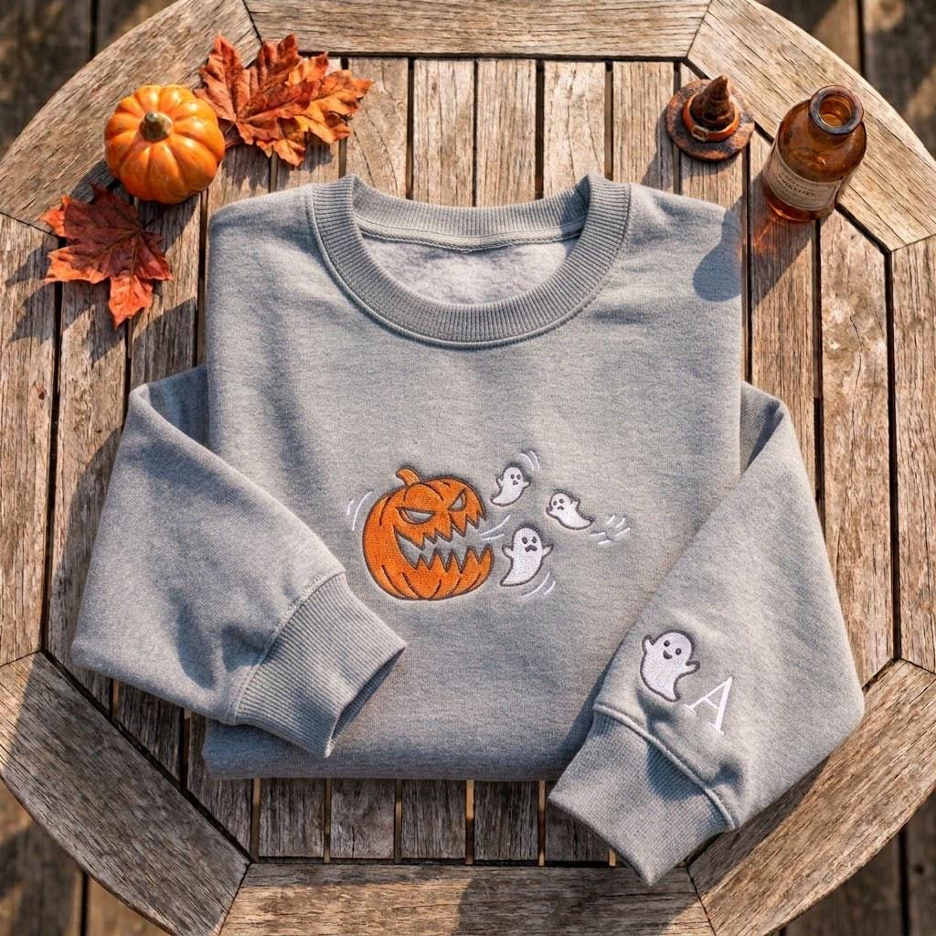 Custom Pumpkin Eating Ghosts Sweatshirt, Embroidered Sleeve Initial Halloween Crewneck