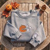 Custom Pumpkin Eating Ghosts Sweatshirt, Embroidered Sleeve Initial Halloween Crewneck