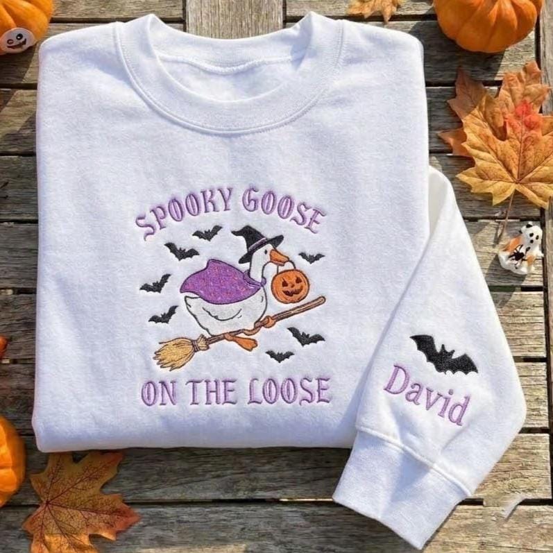 Custom Spooky Goose Embroidered Sweatshirt, Witch Goose On The Loose Sleeve Crewneck