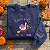 Custom Spooky Goose Embroidered Sweatshirt, Witch Goose On The Loose Sleeve Crewneck