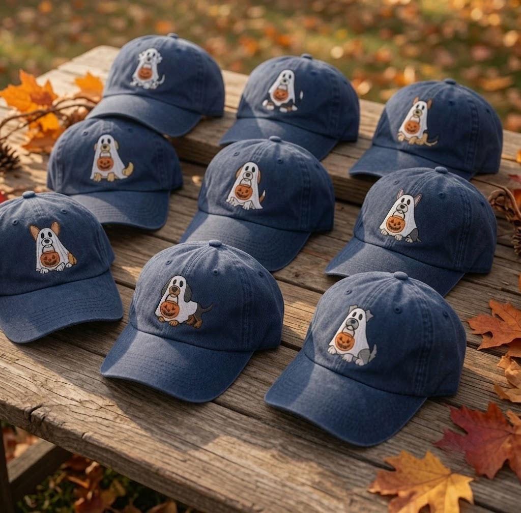 Custom Ghost Dog Embroidered Hat, Halloween Pumpkin Dog Dad Hat, Spooky Dog Mom Baseball Cap, Autumn Fall Embroidered Hat Gift for Dog Lover