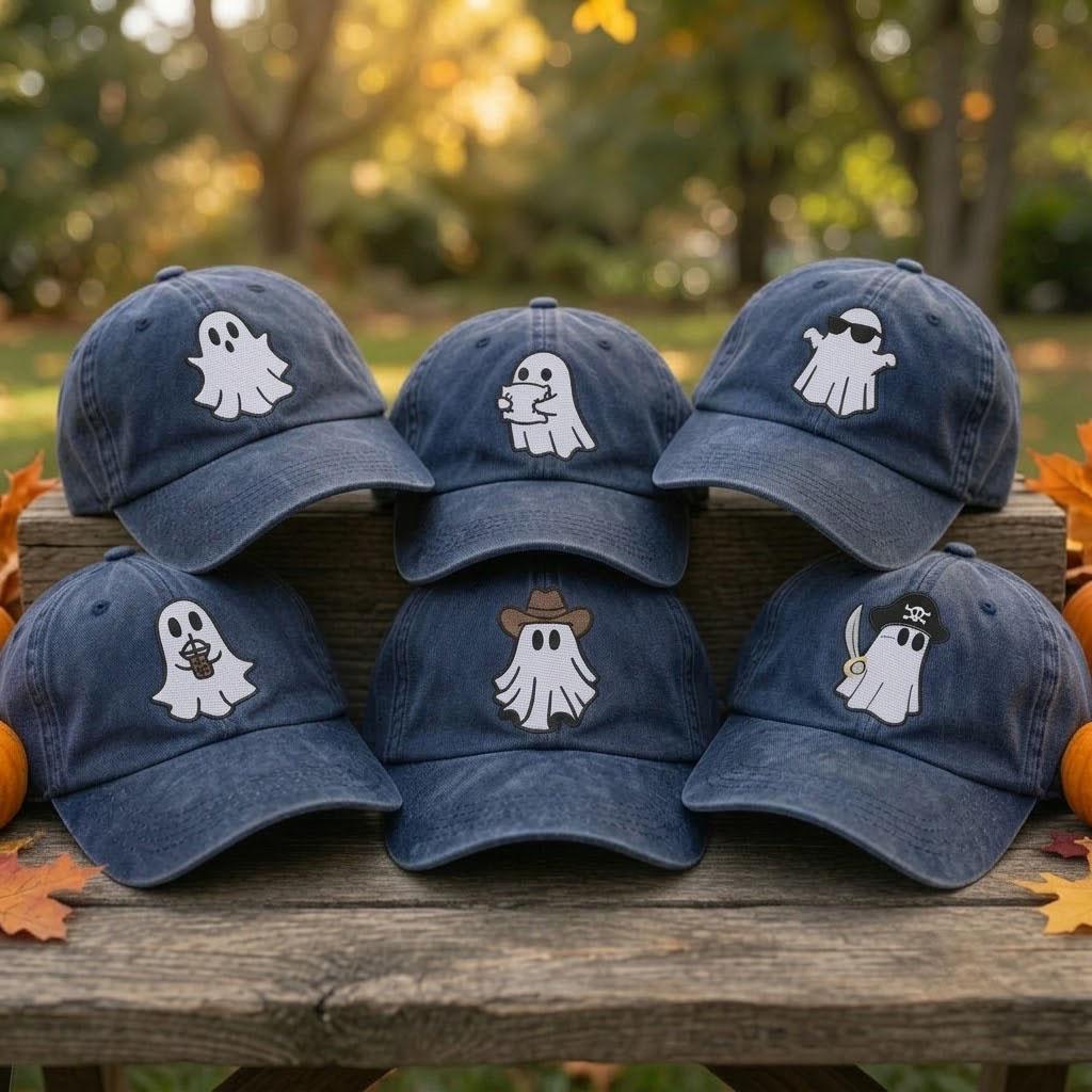 Custom Cute Ghost Embroidered Hat, Funny Halloween Ghost Dad Hat, Spooky Season Baseball Cap, Vintage Washed Cotton Hat, Halloween Gift