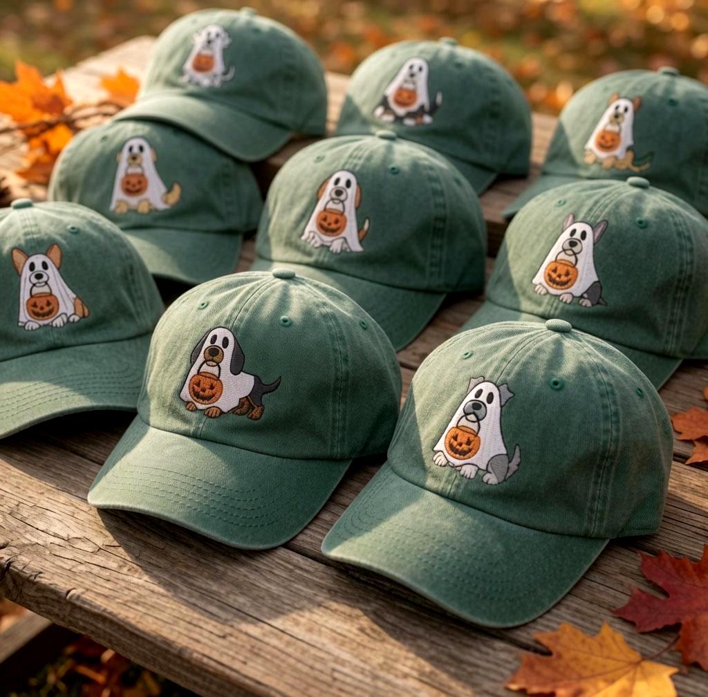 Custom Ghost Dog Embroidered Hat, Halloween Pumpkin Dog Dad Hat, Spooky Dog Mom Baseball Cap, Autumn Fall Embroidered Hat Gift for Dog Lover
