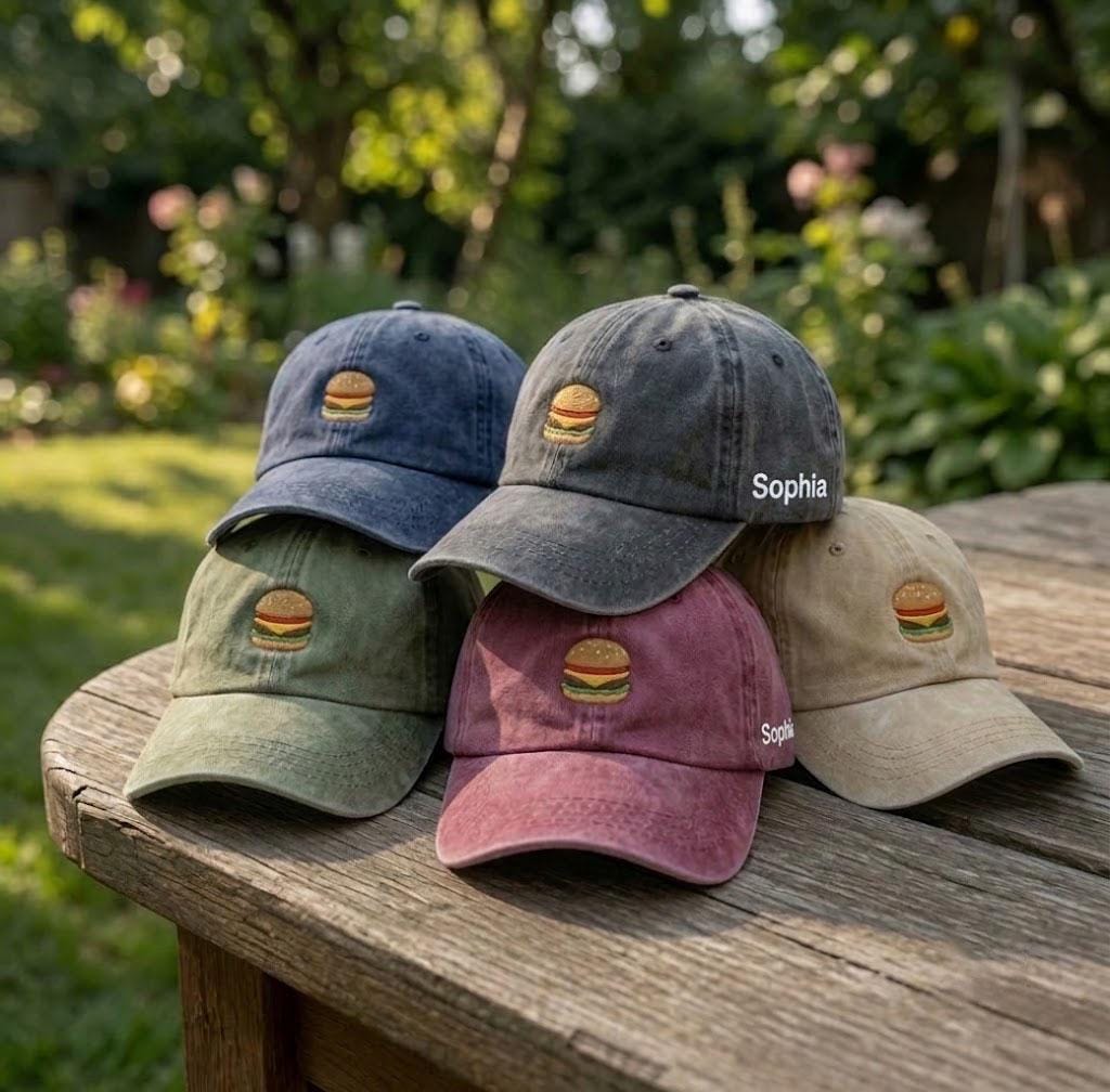 Custom Name Hamburger Embroidered Baseball Cap, Personalized Burger Dad Hat, Cute Foodie Gift, Custom Name White Embroidered Hat