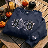 Custom Boo Embroidered Sweatshirt, Spooky Spider Web Ghost Bat Sleeve Name Crewneck
