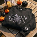Custom Boo Embroidered Sweatshirt, Spooky Spider Web Ghost Bat Sleeve Name Crewneck