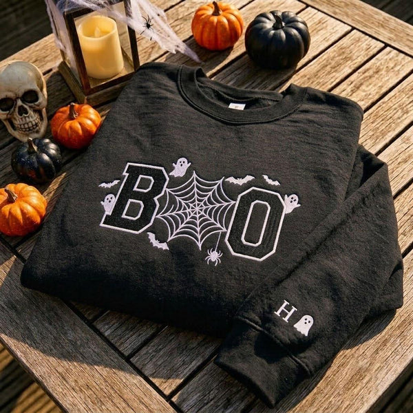Custom Boo Embroidered Sweatshirt, Spooky Spider Web Ghost Bat Sleeve Name Crewneck