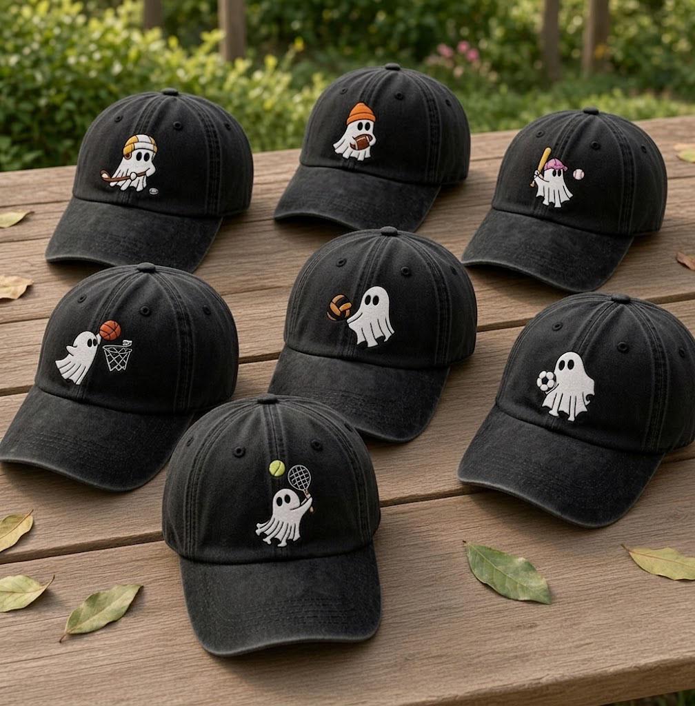 Custom Sports Ghost Embroidered Hat, Funny Halloween Basketball Tennis Baseball Dad Hat, Spooky Season Baseball Cap, Halloween Sports Gift