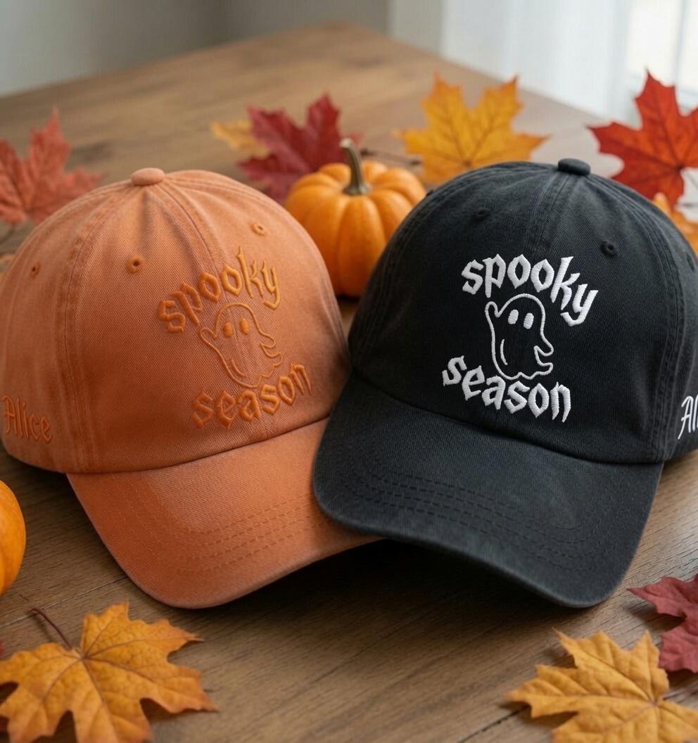 Embroidered Spooky Season Washed Hat, Halloween Ghost Cap, Cute Ghost Hat, Spooky Season Fall Cap, Cozy Autumn Gift For Women