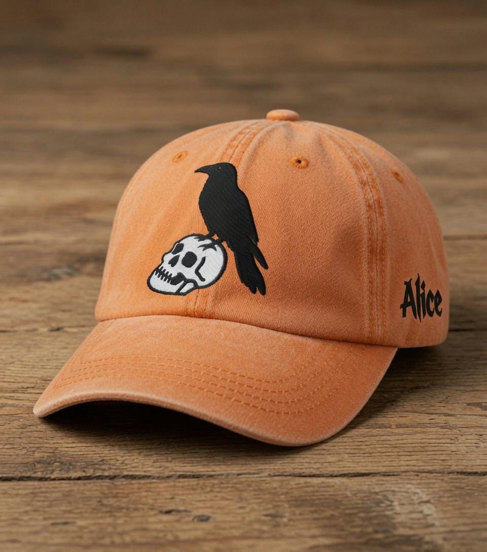 Embroidered Witchy Crow Skull Hat, Embroidered Raven Hat, Gothic Raven, Spooky Witch Bird Cap, Occult Crow Gift, Halloween Cap, Gift For Him
