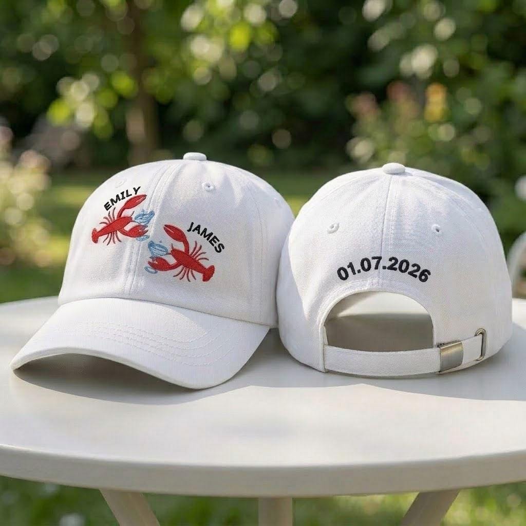 Custom Names Lobster Couples Embroidered Hat, Personalized Anniversary Date Baseball Cap, Custom Engagement Gift, Matching Couple Dad Hat