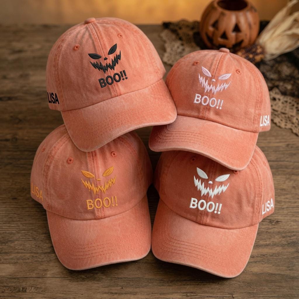 Personalized Halloween Face Embroidered Hat, Custom Name Spooky Baseball Cap, Fall Gift