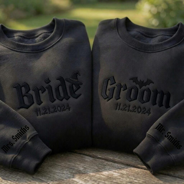 First Halloween Bride Groom Bachelorette Embroidered Shirt, Custom Matching Couple Shirts, Personalized Halloween Wedding Tee, Newlywed Gift