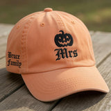 Embroidered Pumpkin Washed Hat, Custom Mr & Mrs Family Name Baseball Cap: Personalized Halloween Wifey Hubby Cap, Pumpkin Cap