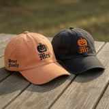 Embroidered Pumpkin Washed Hat, Custom Mr & Mrs Family Name Baseball Cap: Personalized Halloween Wifey Hubby Cap, Pumpkin Cap