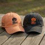 Embroidered Pumpkin Washed Hat, Custom Mr & Mrs Family Name Baseball Cap: Personalized Halloween Wifey Hubby Cap, Pumpkin Cap