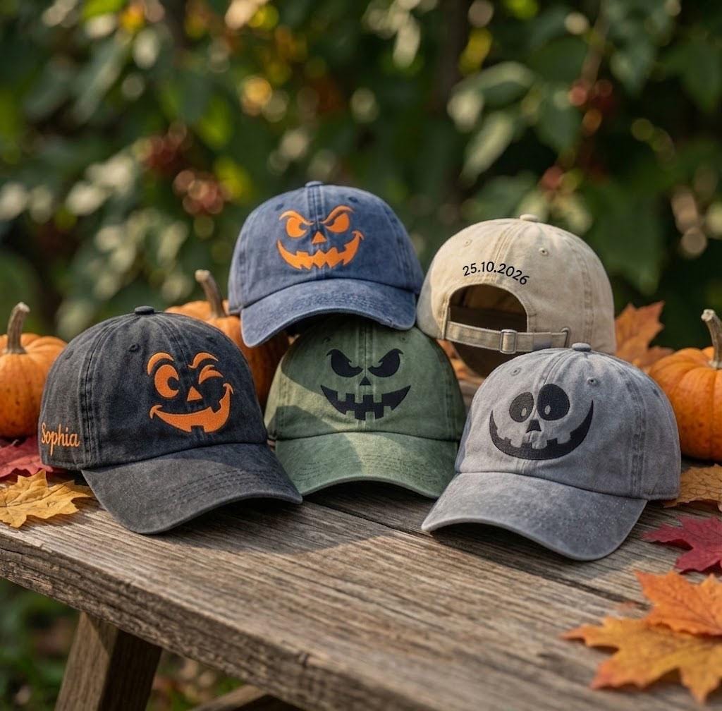 Custom Name & Date Halloween Pumpkin Embroidered Hat, Personalized Spooky Face Baseball Cap, White Fall Autumn Custom Dad Hat Gift