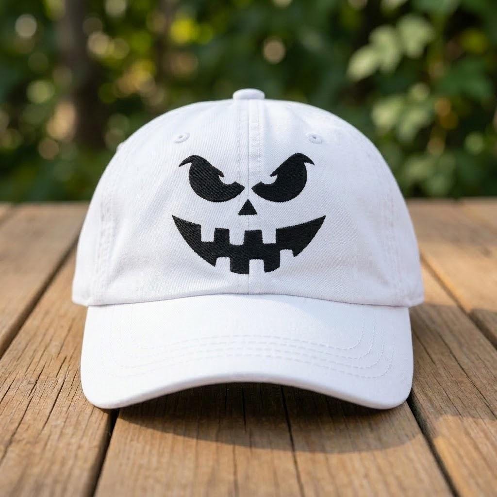 Custom Name & Date Halloween Pumpkin Embroidered Hat, Personalized Spooky Face Baseball Cap, White Fall Autumn Custom Dad Hat Gift