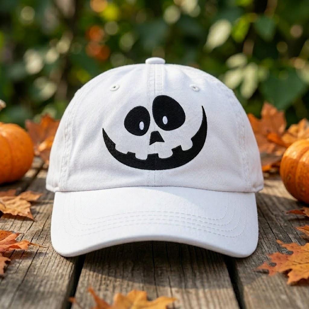 Custom Name & Date Halloween Pumpkin Embroidered Hat, Personalized Spooky Face Baseball Cap, White Fall Autumn Custom Dad Hat Gift