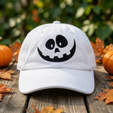 Custom Name & Date Halloween Pumpkin Embroidered Hat, Personalized Spooky Face Baseball Cap, White Fall Autumn Custom Dad Hat Gift
