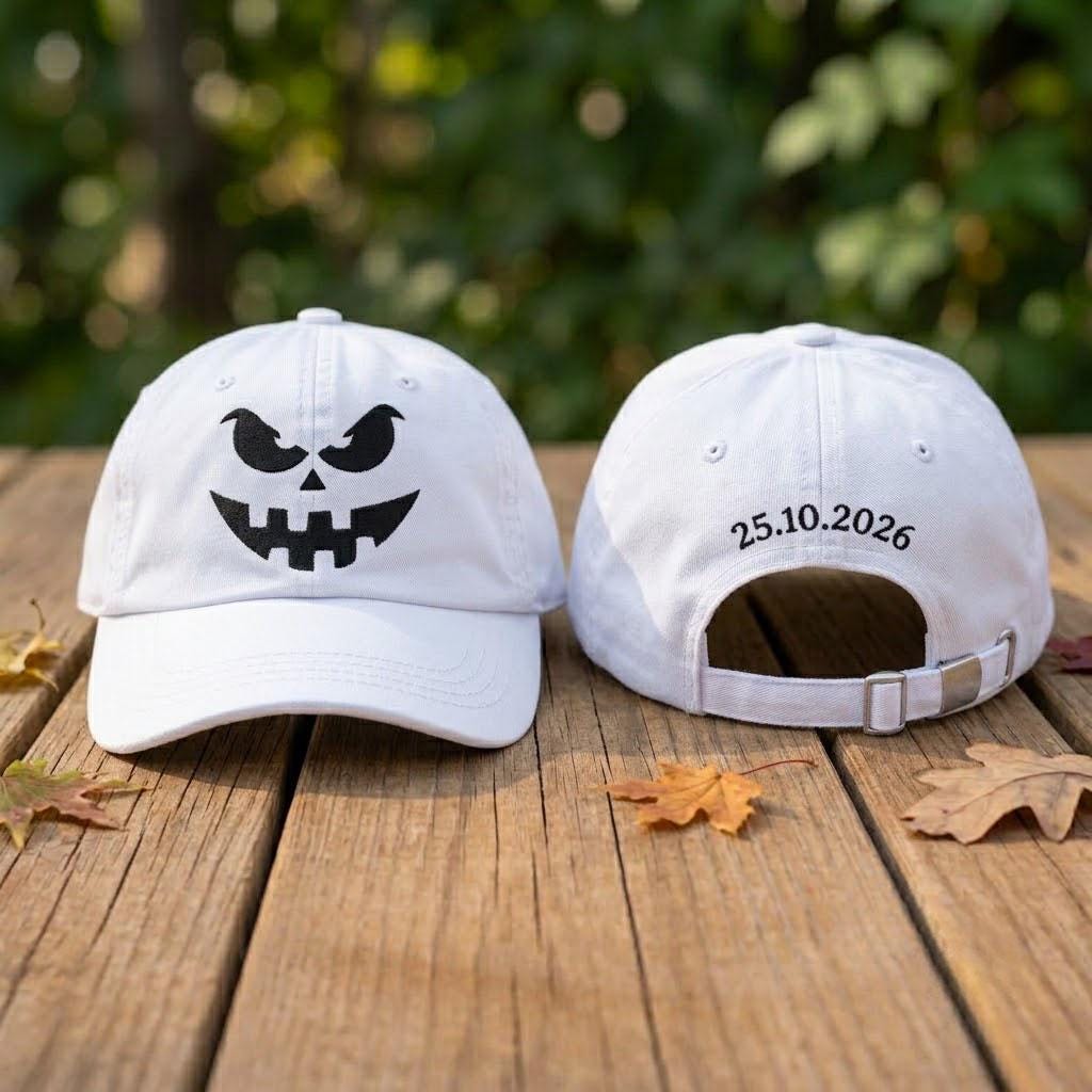 Custom Name & Date Halloween Pumpkin Embroidered Hat, Personalized Spooky Face Baseball Cap, White Fall Autumn Custom Dad Hat Gift