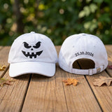 Custom Name & Date Halloween Pumpkin Embroidered Hat, Personalized Spooky Face Baseball Cap, White Fall Autumn Custom Dad Hat Gift