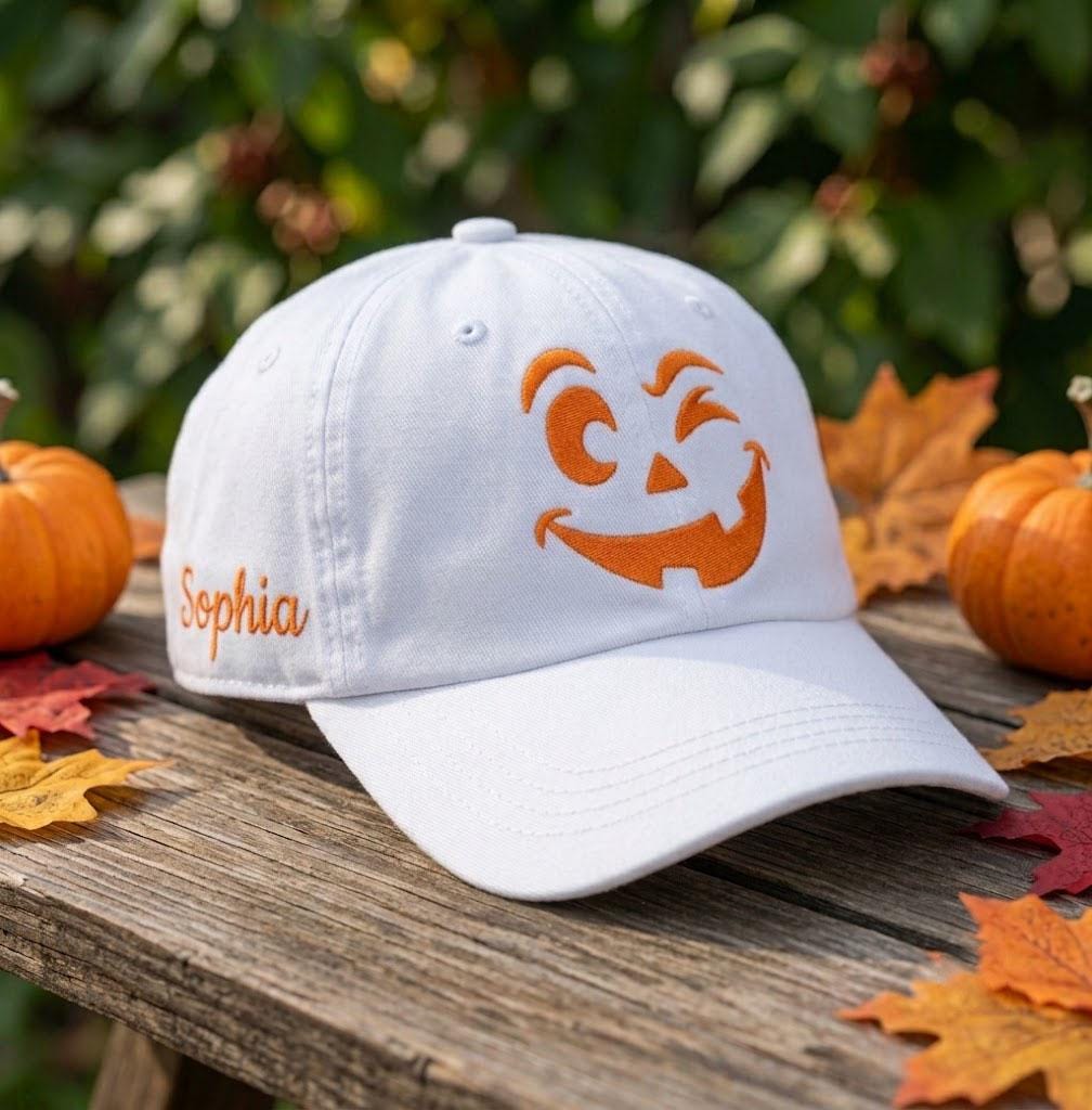 Custom Name & Date Halloween Pumpkin Embroidered Hat, Personalized Spooky Face Baseball Cap, White Fall Autumn Custom Dad Hat Gift