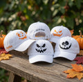 Custom Name & Date Halloween Pumpkin Embroidered Hat, Personalized Spooky Face Baseball Cap, White Fall Autumn Custom Dad Hat Gift