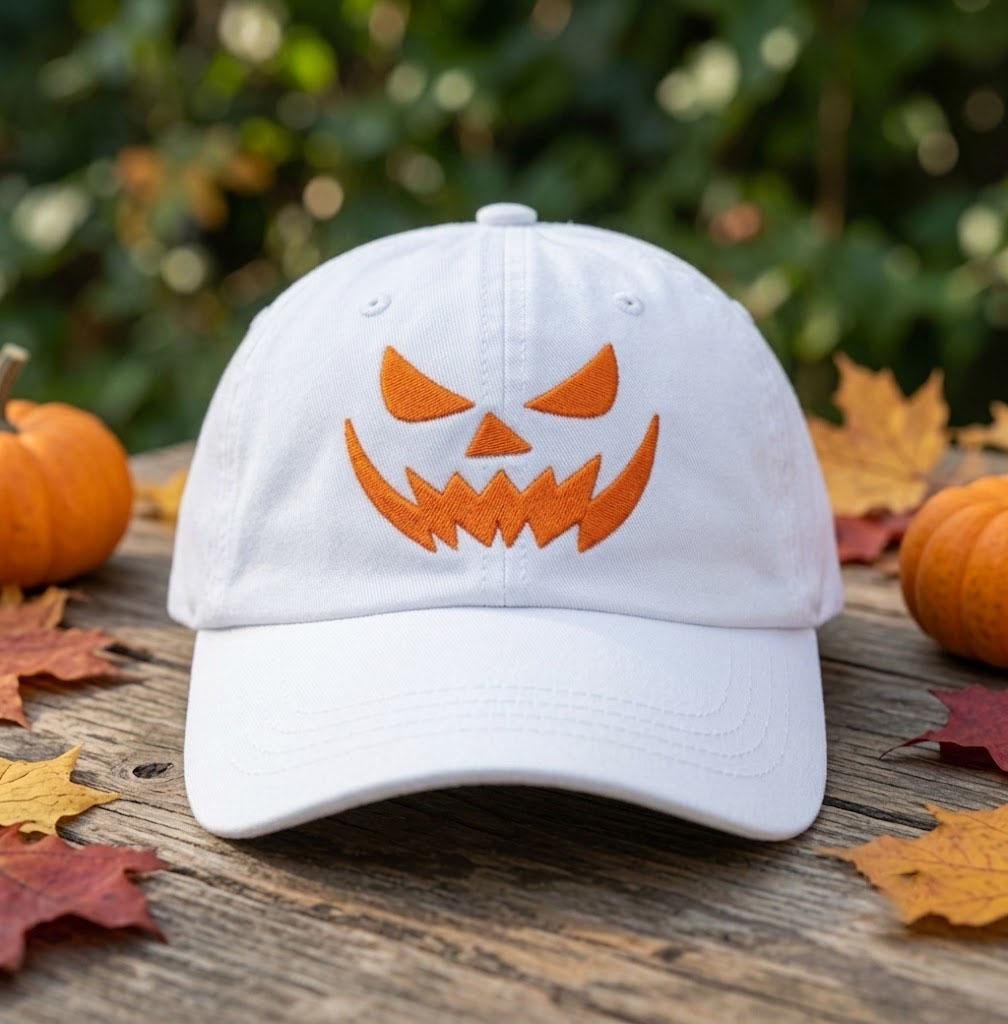 Custom Name & Date Halloween Pumpkin Embroidered Hat, Personalized Spooky Face Baseball Cap, White Fall Autumn Custom Dad Hat Gift