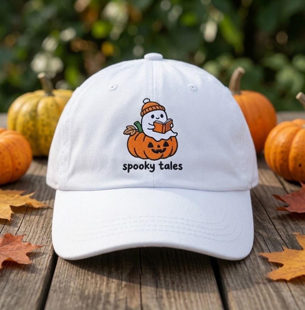 Custom Name Spooky Tales Ghost Embroidered Hat, Personalized Pumpkin Book Reading Baseball Cap, Vintage Washed Bookish Dad Hat Gift