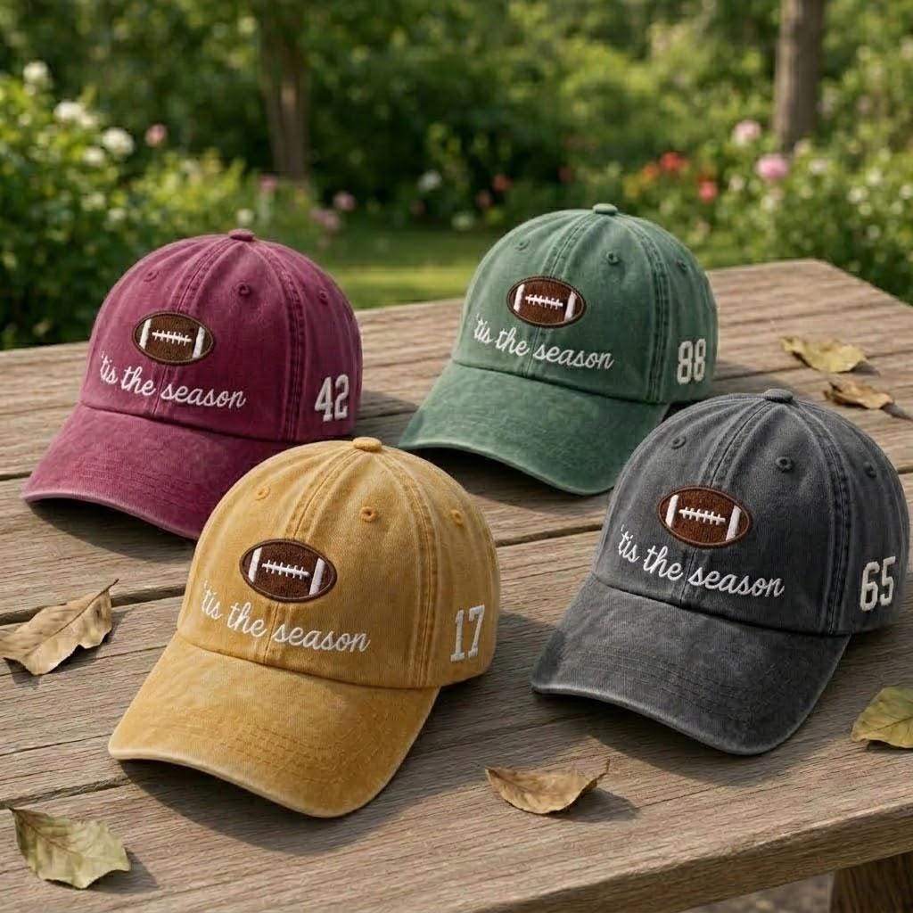 Custom Football Embroidered Hat, Tis The Season Football Dad Hat, Custom Jersey Number Side Baseball Cap, Game Day Sports Gift Football Mom