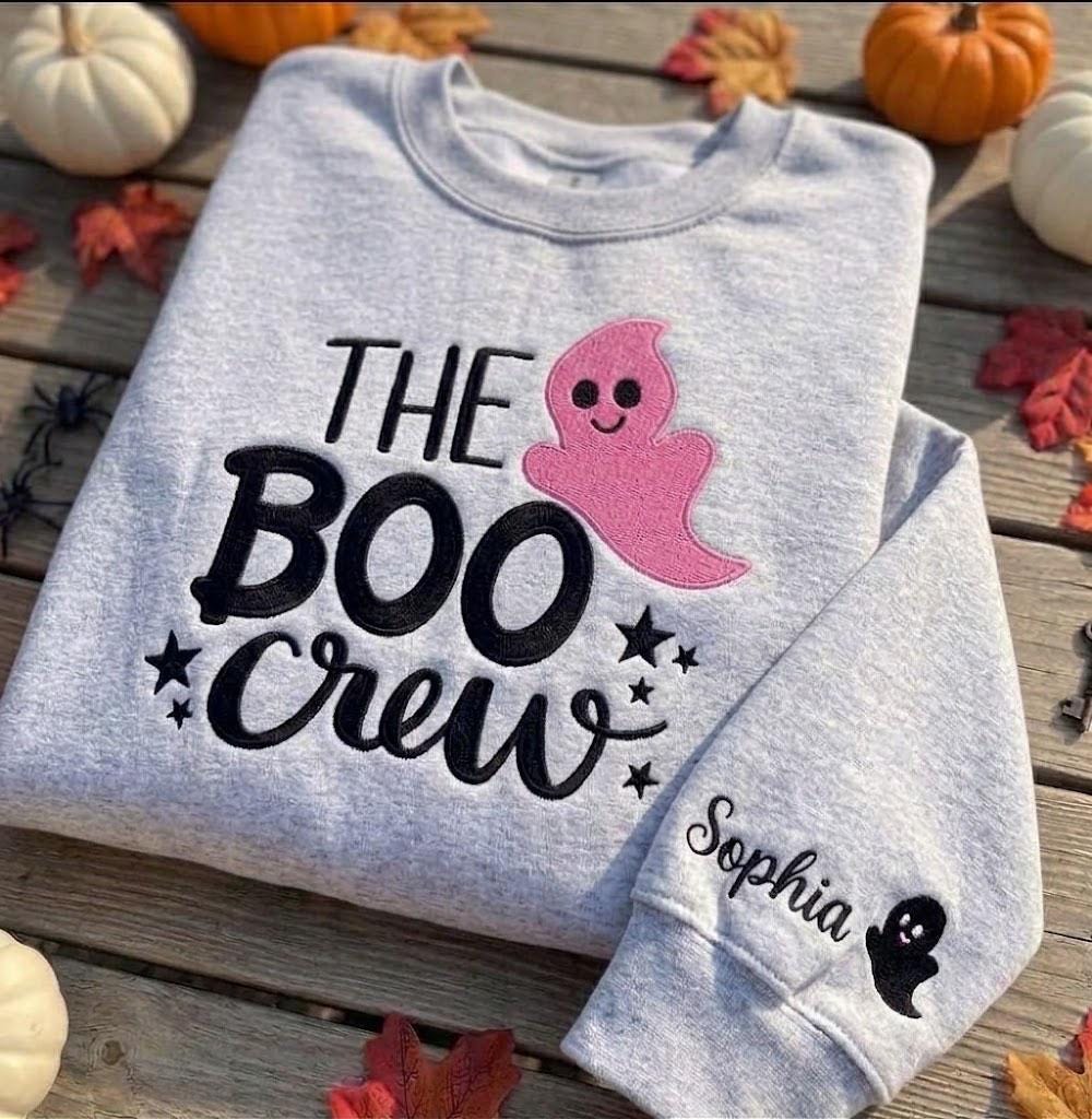 Custom The Boo Crew Sweatshirt, Cute Pink Ghost Embroidered Sleeve Name Crewneck