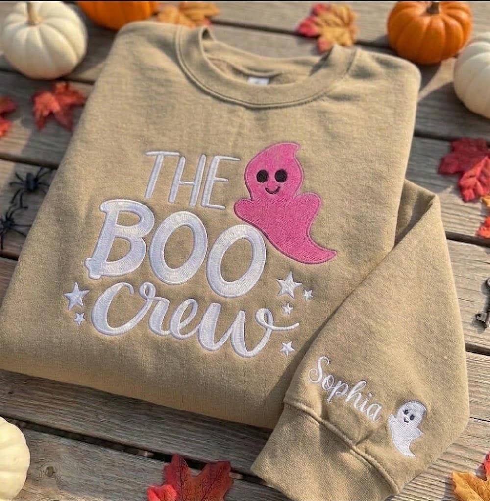 Custom The Boo Crew Sweatshirt, Cute Pink Ghost Embroidered Sleeve Name Crewneck