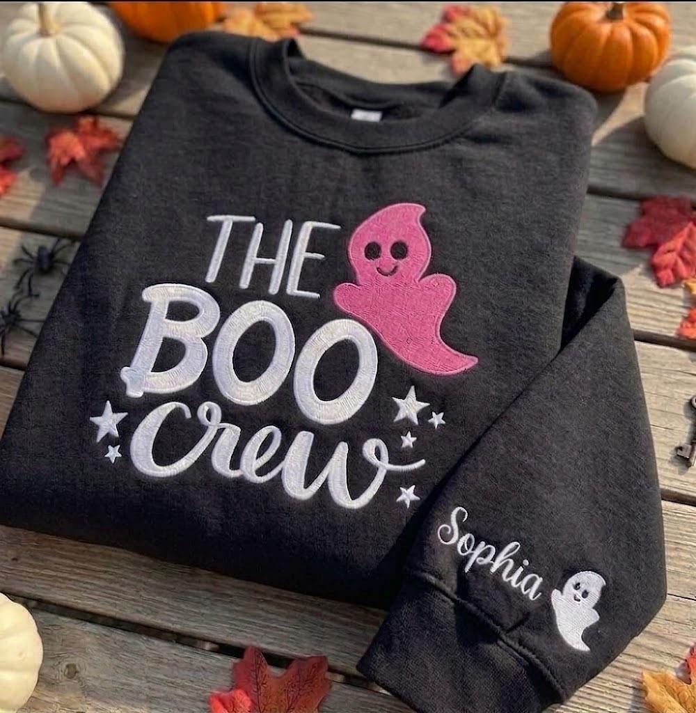 Custom The Boo Crew Sweatshirt, Cute Pink Ghost Embroidered Sleeve Name Crewneck