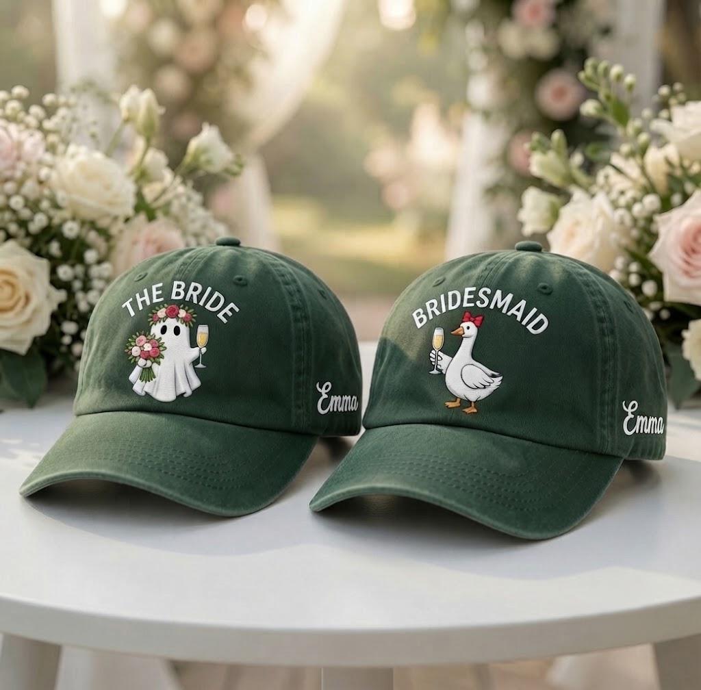 Bride & Bridesmaid Ghost Goose Embroidered Hat Set - Spooky Bachelorette Cap