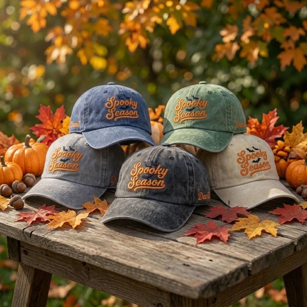 Custom Name Spooky Season Embroidered Hat, Personalized Halloween Bats Baseball Cap, Cute Fall Autumn White Dad Hat, Custom Embroidered Gift