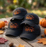 Custom Name Halloween Family Embroidered Hat, Personalized Mom Dada Pappa Gigi Baseball Cap, Spooky Bats Vintage Washed Family Dad Hat
