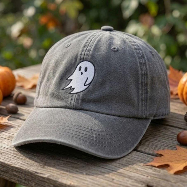 Minimalist Ghost Embroidered Hat, Grey Washed Denim Halloween Dad Cap, Autumn Gift
