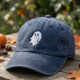 Minimalist Ghost Embroidered Hat, Grey Washed Denim Halloween Dad Cap, Autumn Gift