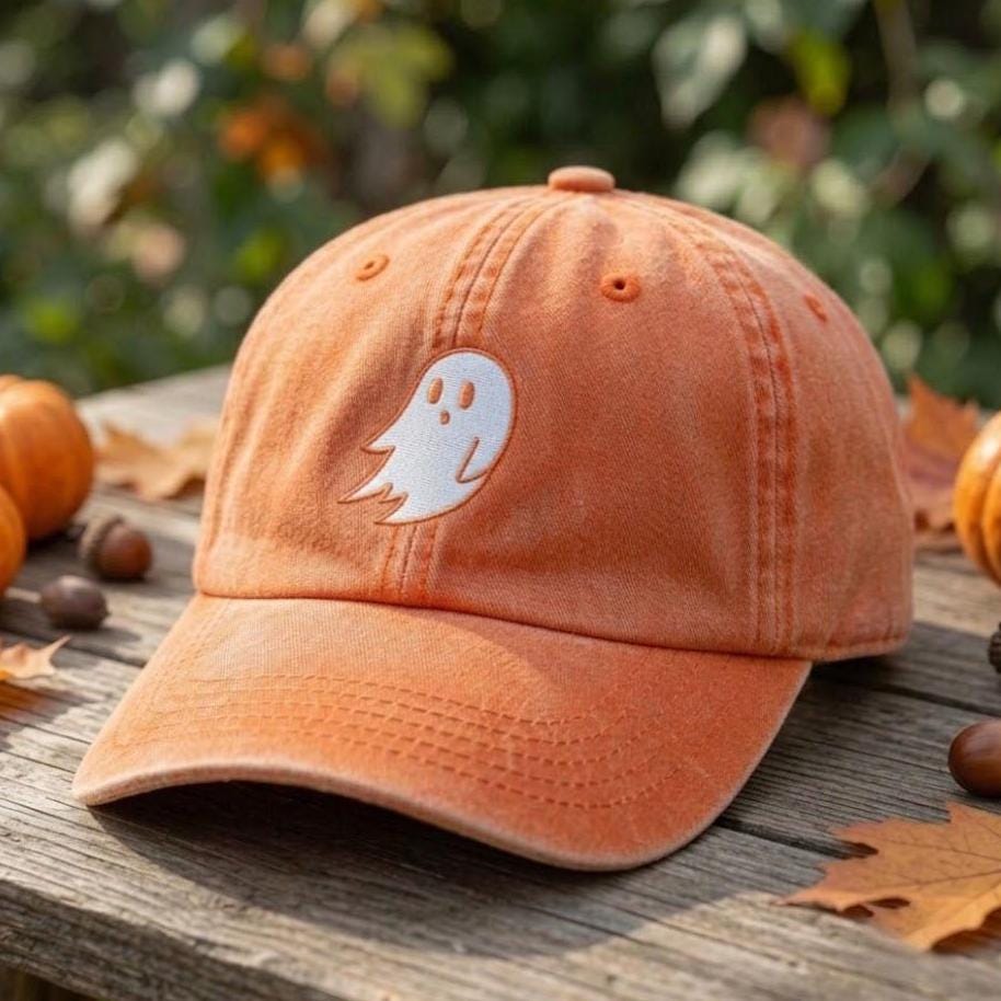 Minimalist Ghost Embroidered Hat, Grey Washed Denim Halloween Dad Cap, Autumn Gift