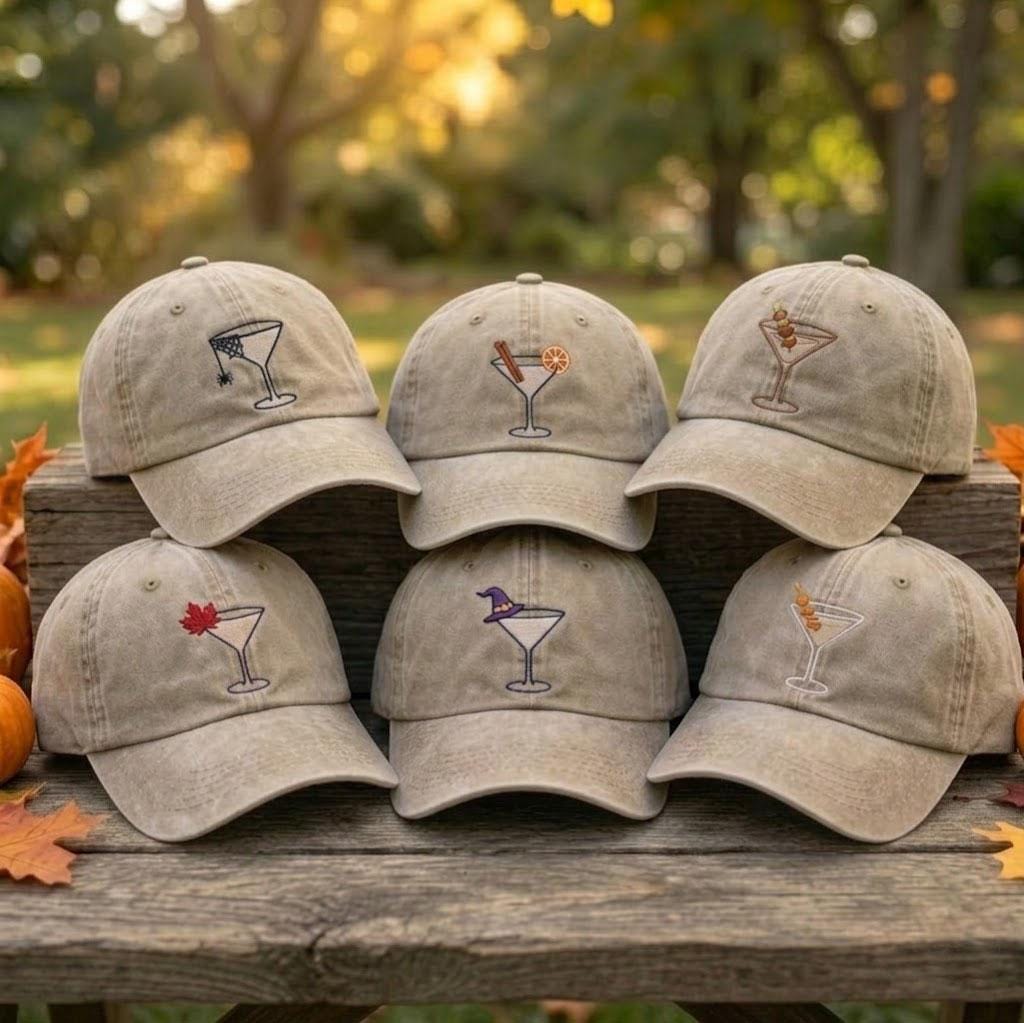 Custom Halloween Cocktail Embroidered Hat, Spooky Martini Dad Hat, Cute Witchy Drink White Baseball Cap, Fall Season Girls Trip Party Gift